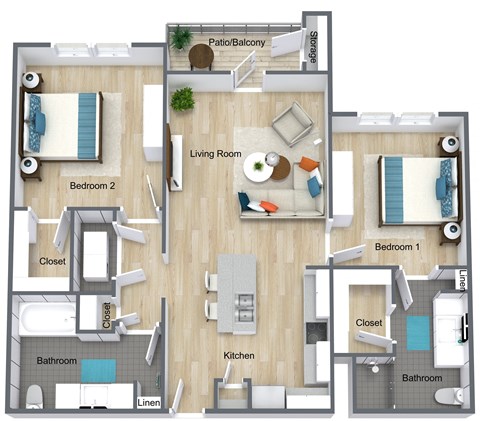 Floor plan for 2 beds, 2 baths, 1017 sqft